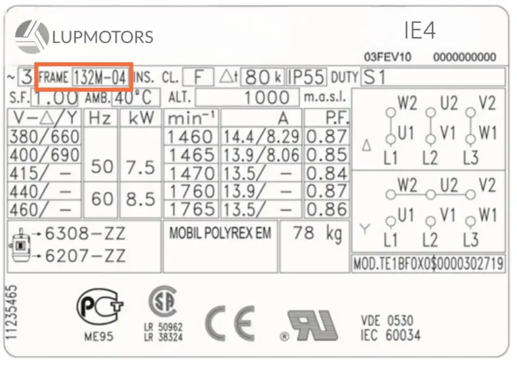 This is the name plate for electric motor frame size